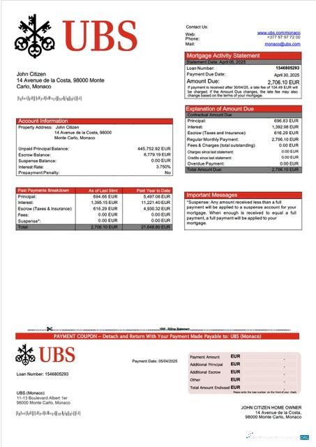 Download Monaco UBS (Monaco) mortgage statement Word and PDF template Photoshop template